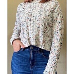 Moon & Madison Womens Oatmeal Speckled Cable Knit Sweater Large Chunky Crewneck
